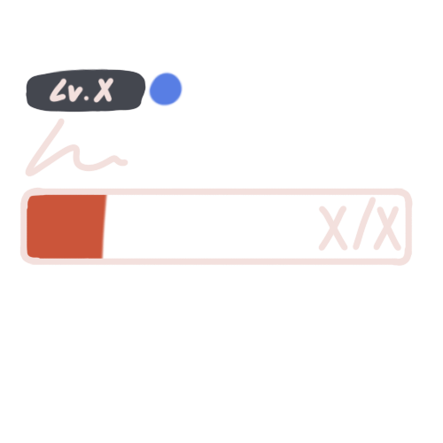 A nearly empty, red bar with the text 'X/X' on the far right, with a small info box above the left half, the upper portion reading 'LV. X' next to a blue dot, and the under portion having a scribble.